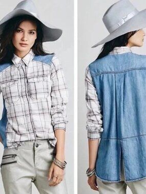 Free People Road Trip Getaway Button Up Shirt Flannel Plaid Chambray Size Large